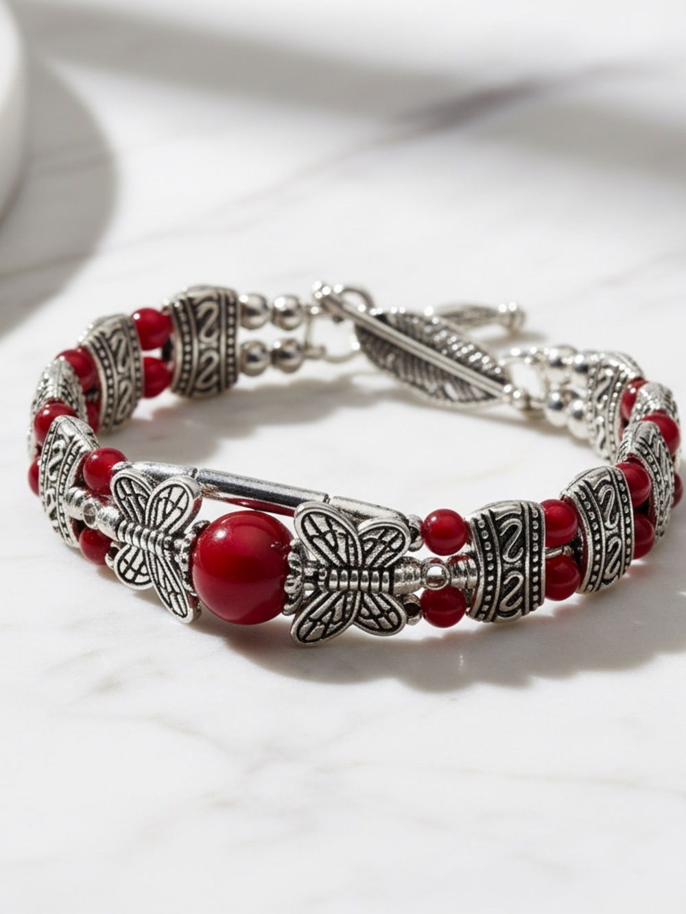 Womens Antique Silver Plated Red Bead Bracelet